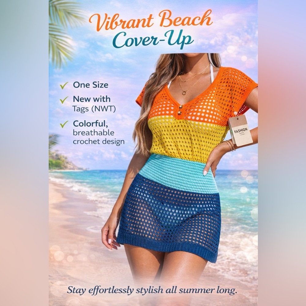 Fashion Brand Multicolor Crochet Beach Cover-Up Dress